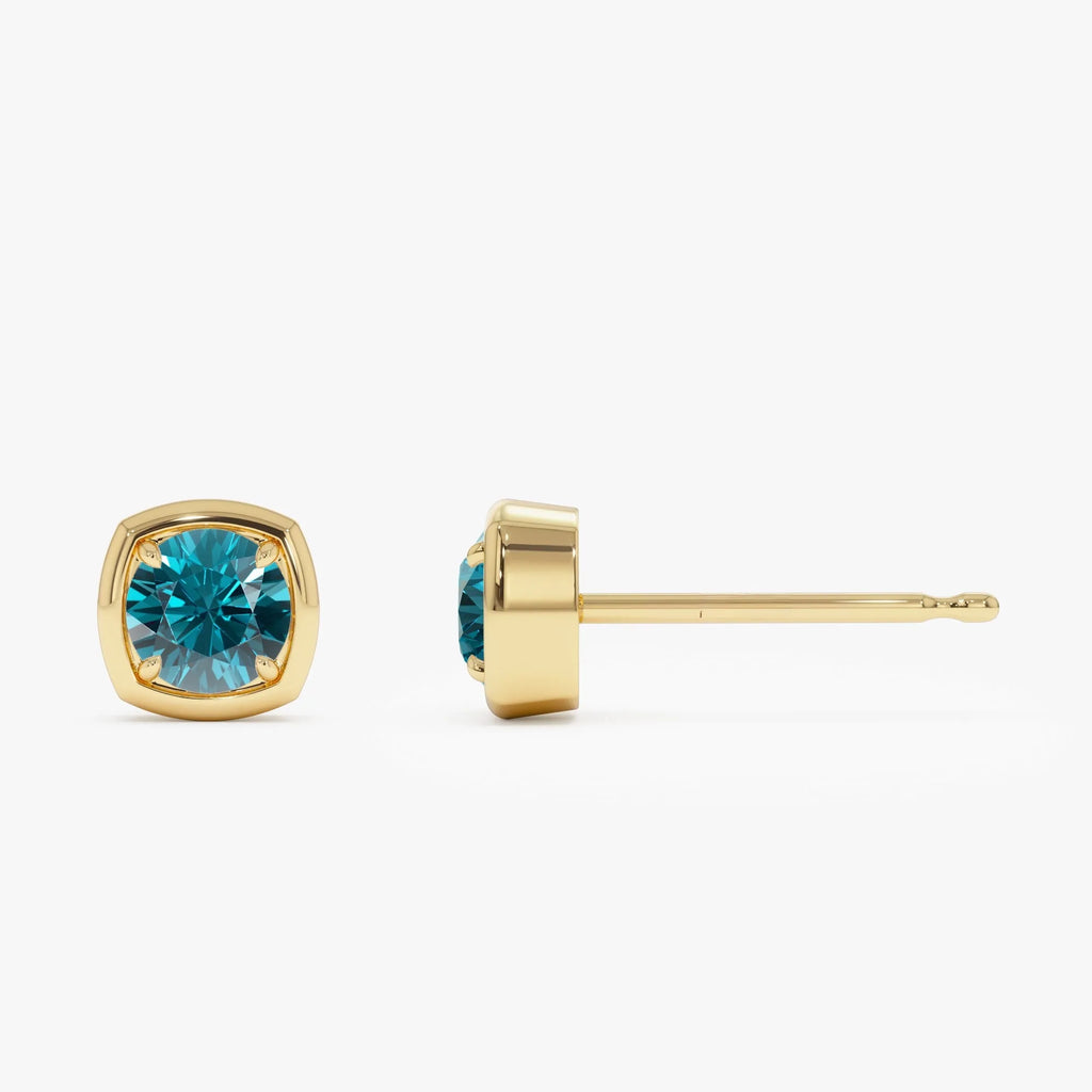 14K Solid Gold Round London Blue Topaz Cushion Stud Earrings 1.25ctw