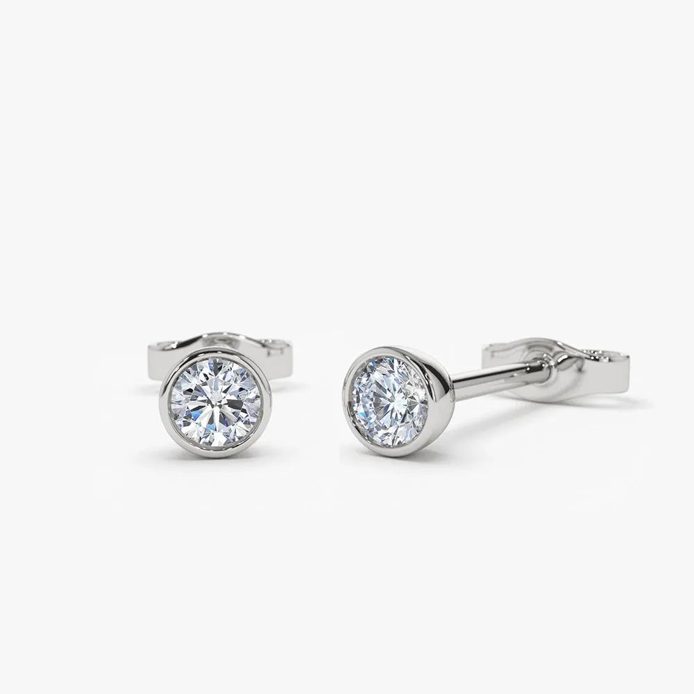 14k Gold Diamond Round Cut Stud Earrings Bezel Setting 0.12 ctw