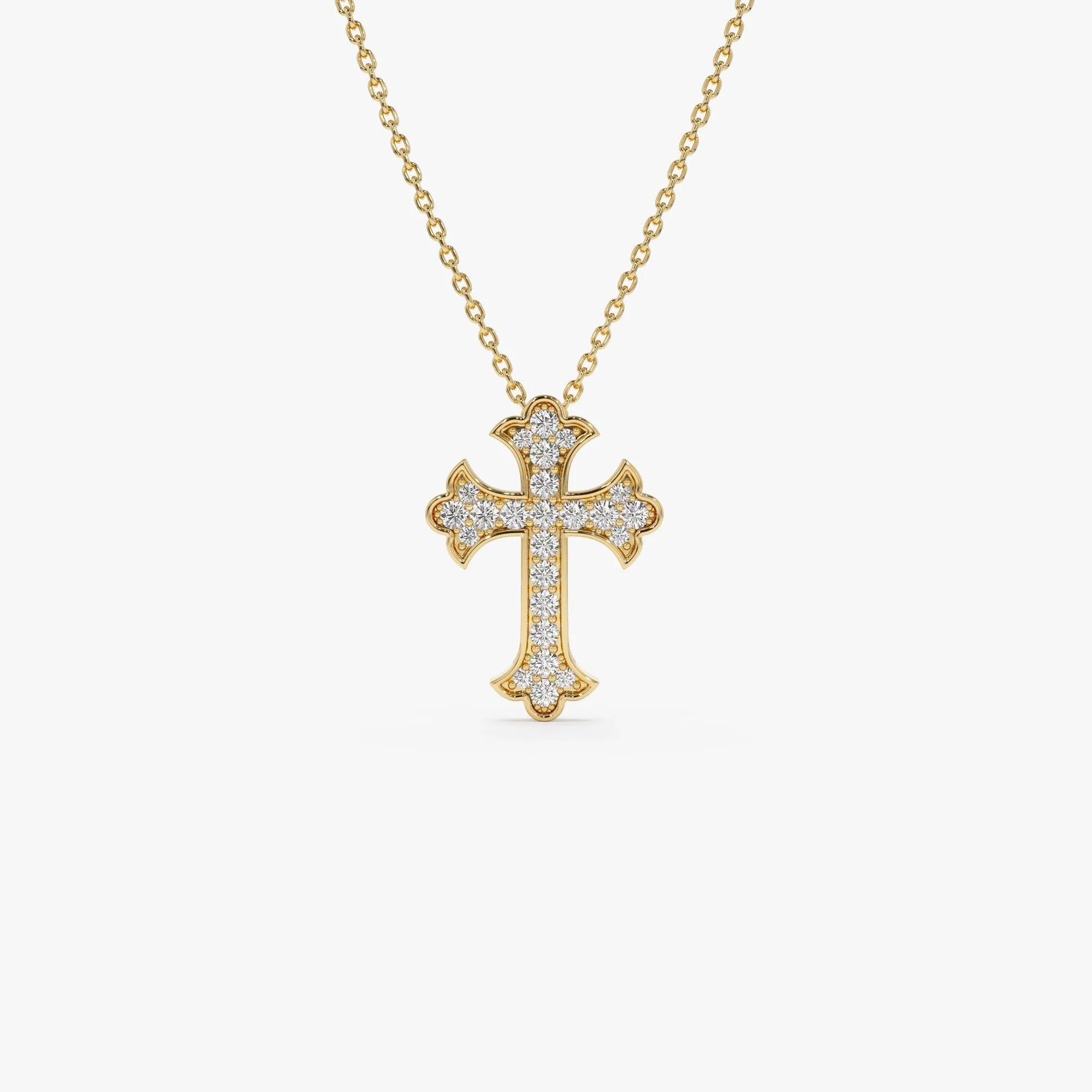 14K Solid Gold 0.32 CTW Round Diamond Gothic Cross Pave Setting Necklace