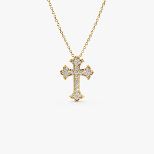 14K Solid Gold 0.32 CTW Round Diamond Gothic Cross Pave Setting Necklace