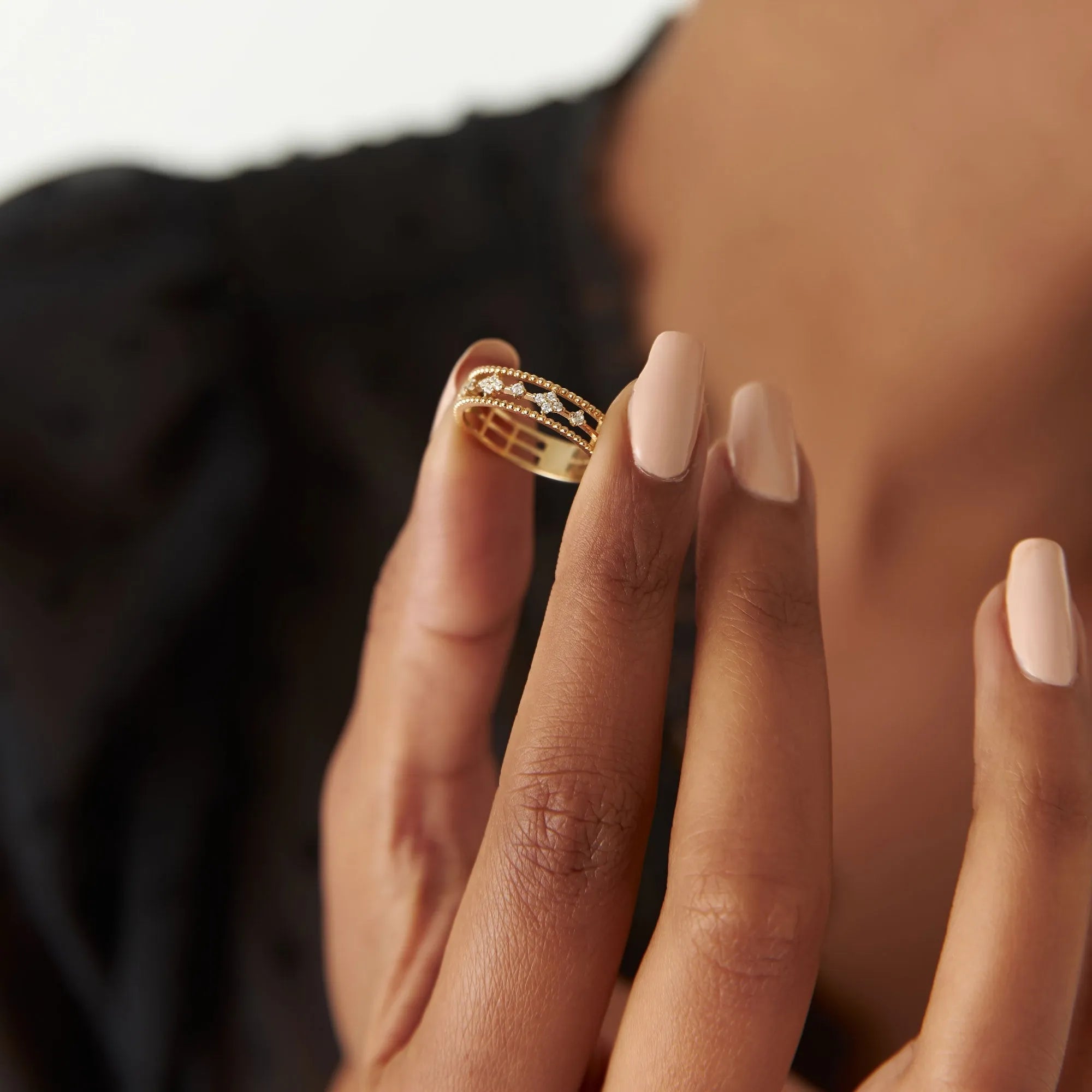 14K Solid Gold Round Diamond 0.15 Carat Beaded Band Statement Ring