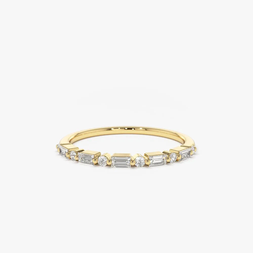 14K Solid Gold Baguette and Round Diamond Shared Prong Band Ring