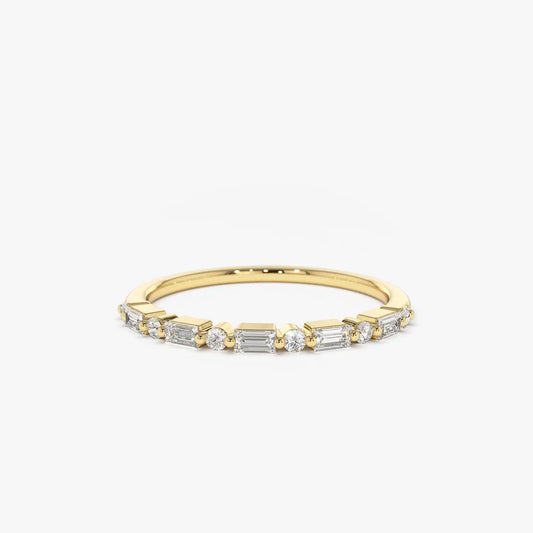 14K Solid Gold Baguette and Round Diamond Shared Prong Band Ring