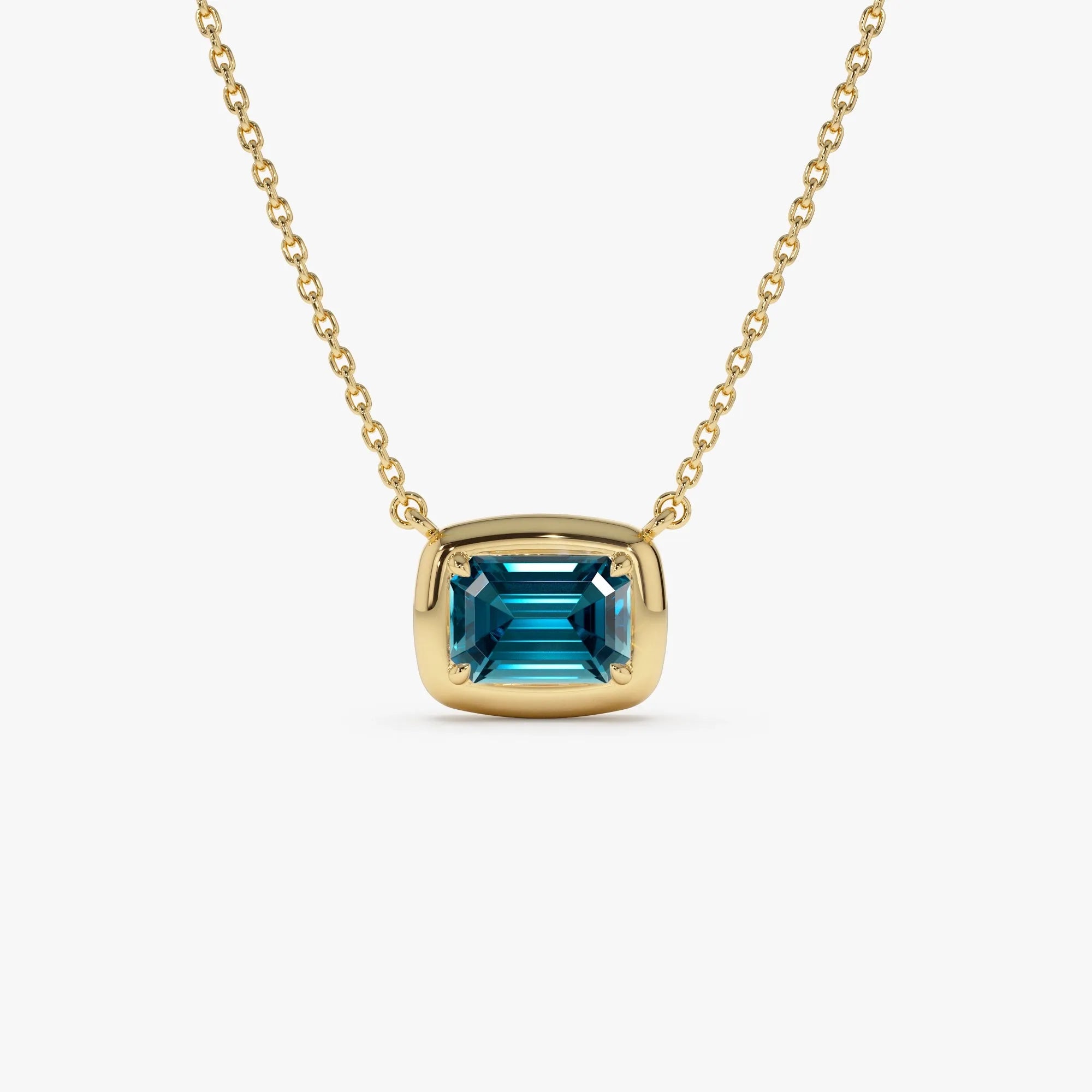 14k Solid Gold London Blue Topaz Emerald Cut Necklace 1.10 Carat Prong Setting