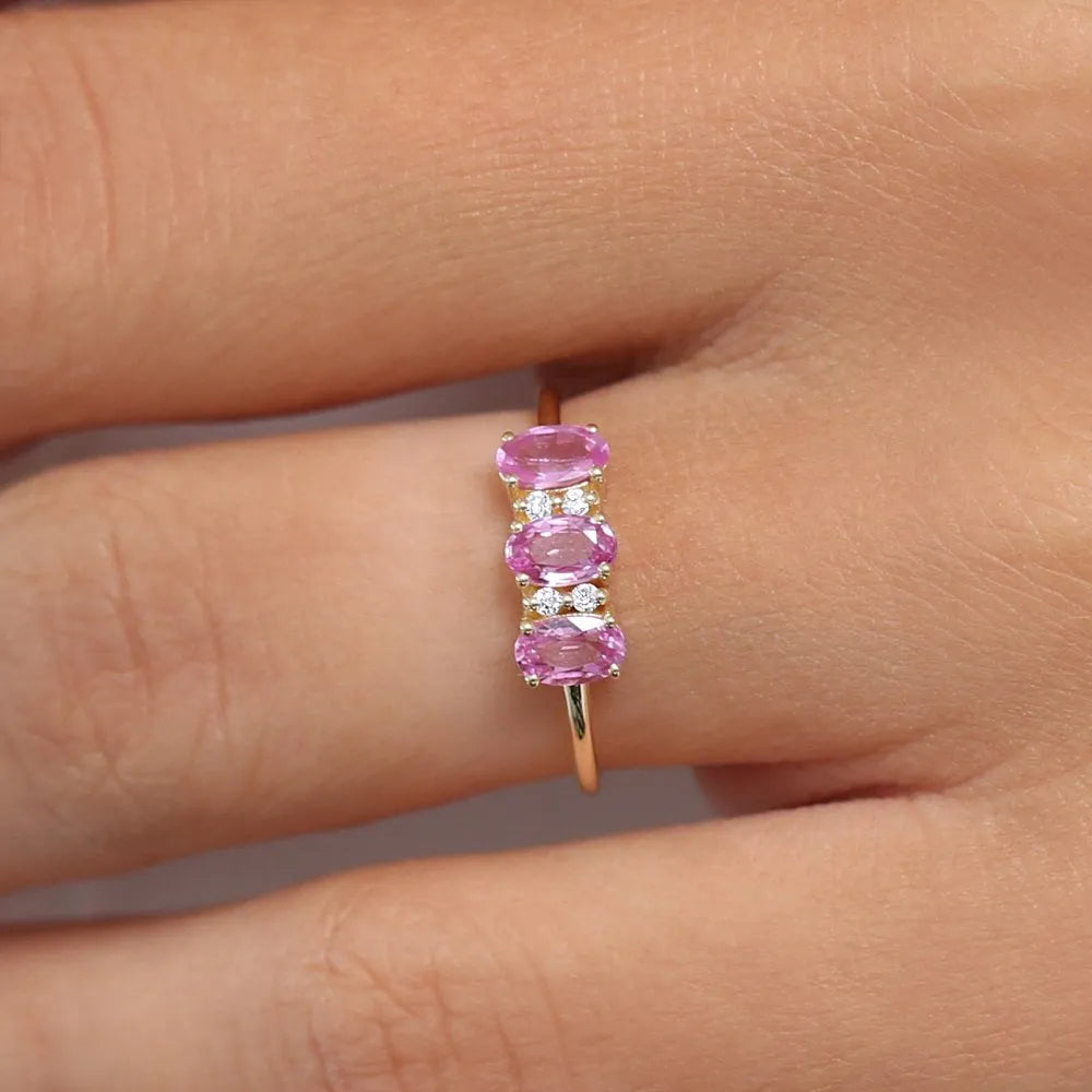14k Gold Pink Sapphire and Diamond Oval Cut Three Stone Ring Prong Setting 1.05 ctw