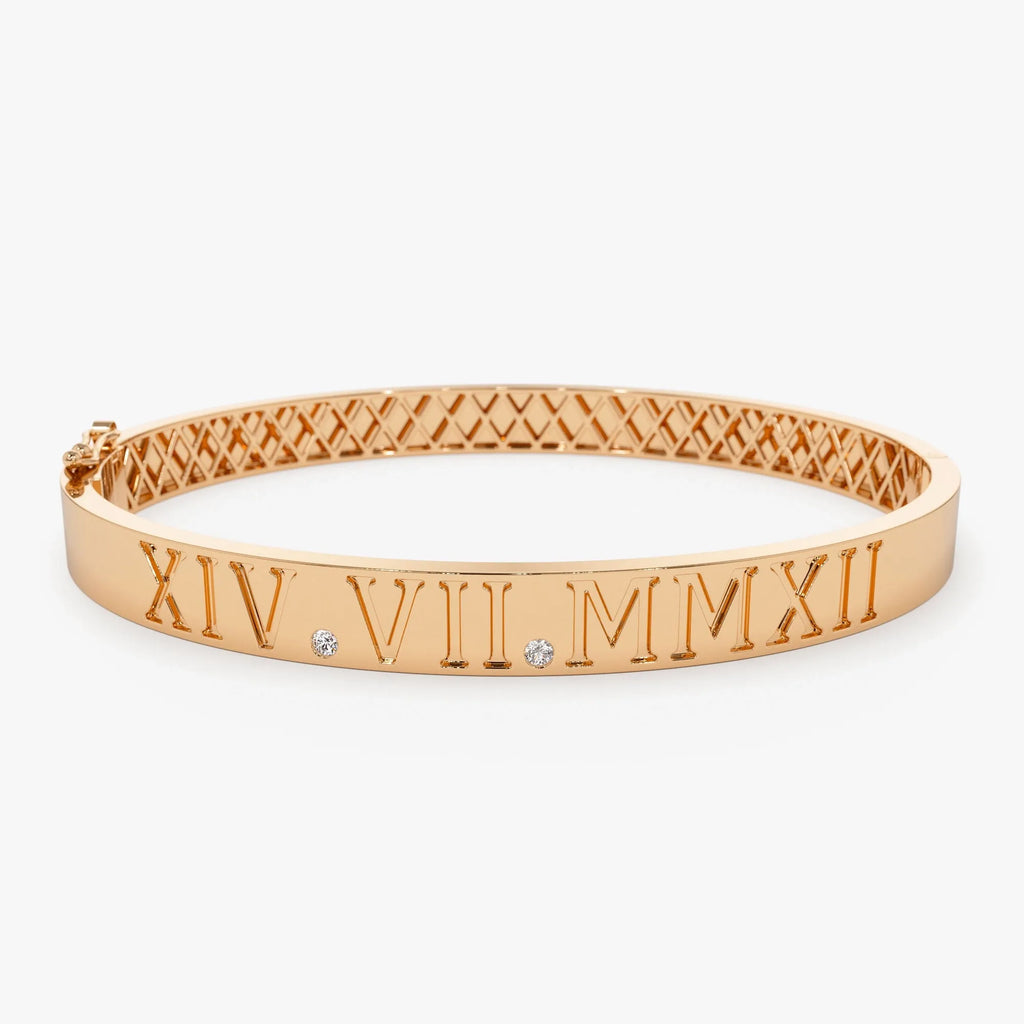 14K Solid Gold Round Diamond Personalized Roman Numeral Bangle Bracelet 0.03 CTW