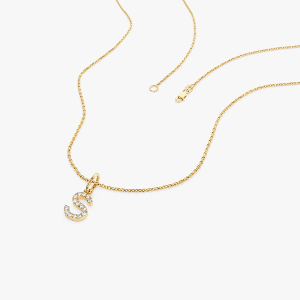 14K Solid Gold Round Diamond Micro Pave Initial Letter Pendant Necklace 0.15ctw