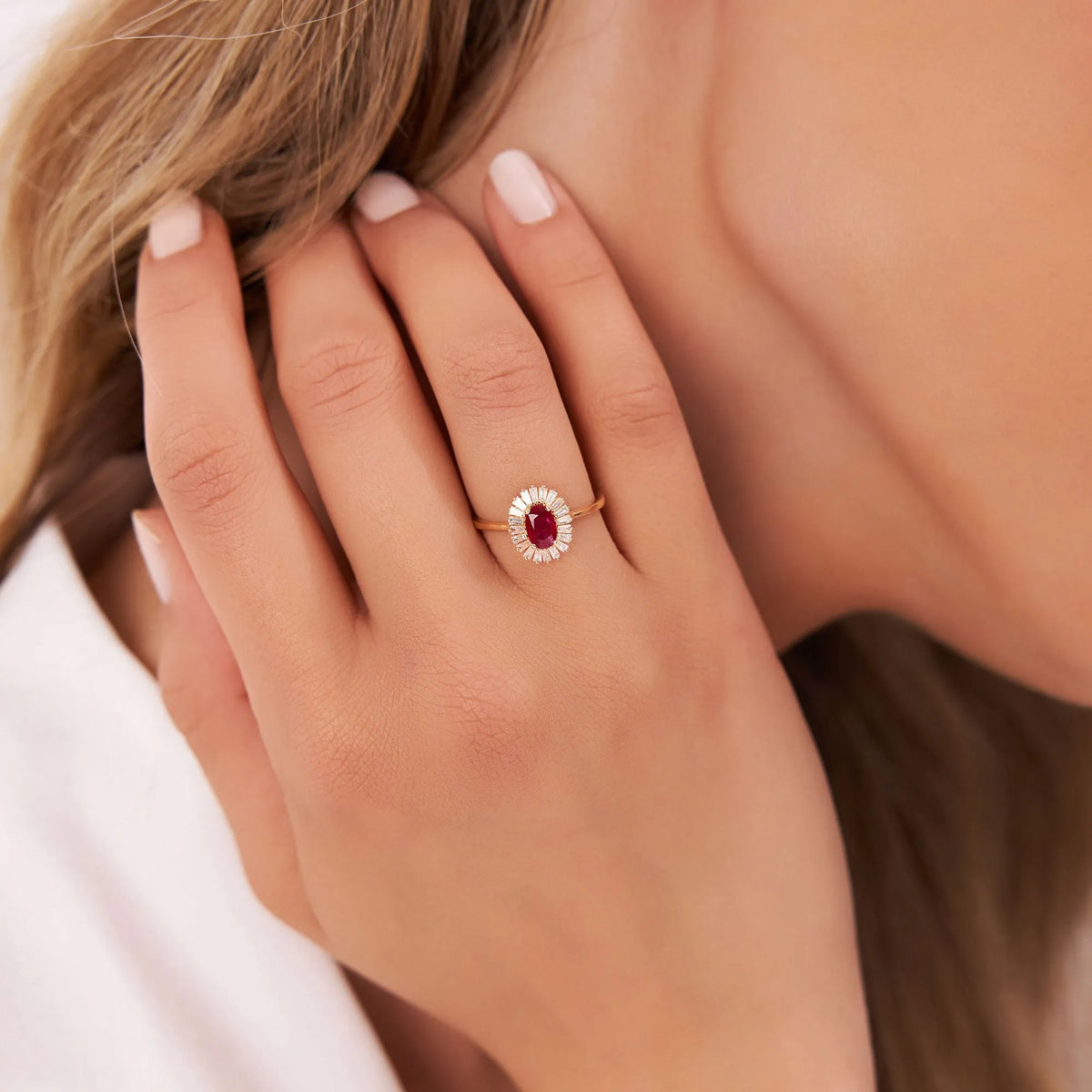 14k Gold Ruby and Diamond Oval and Baguette Cut Ballerina Ring 0.75 ctw