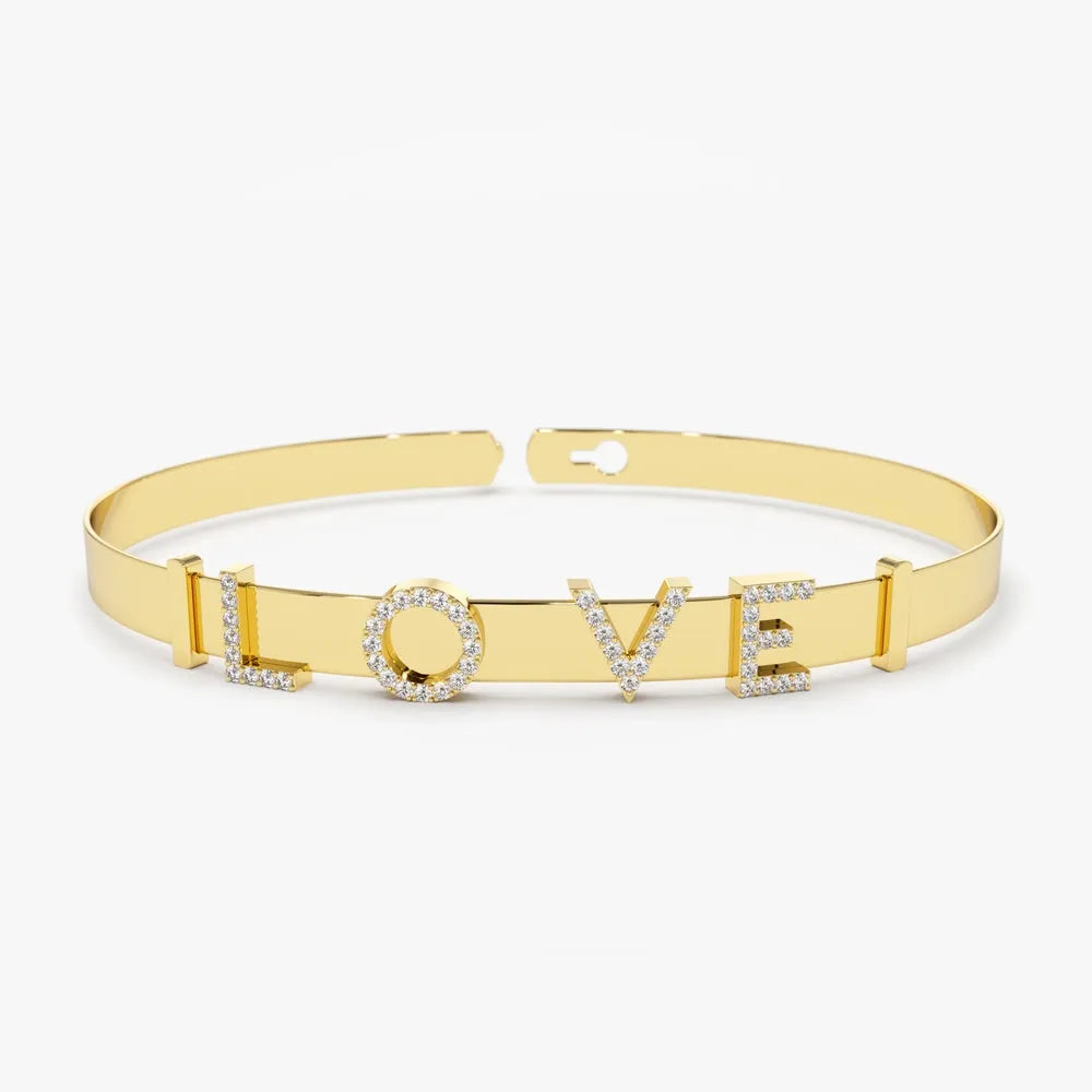 14K Solid Gold Round Diamond Sliding Initial Bangle