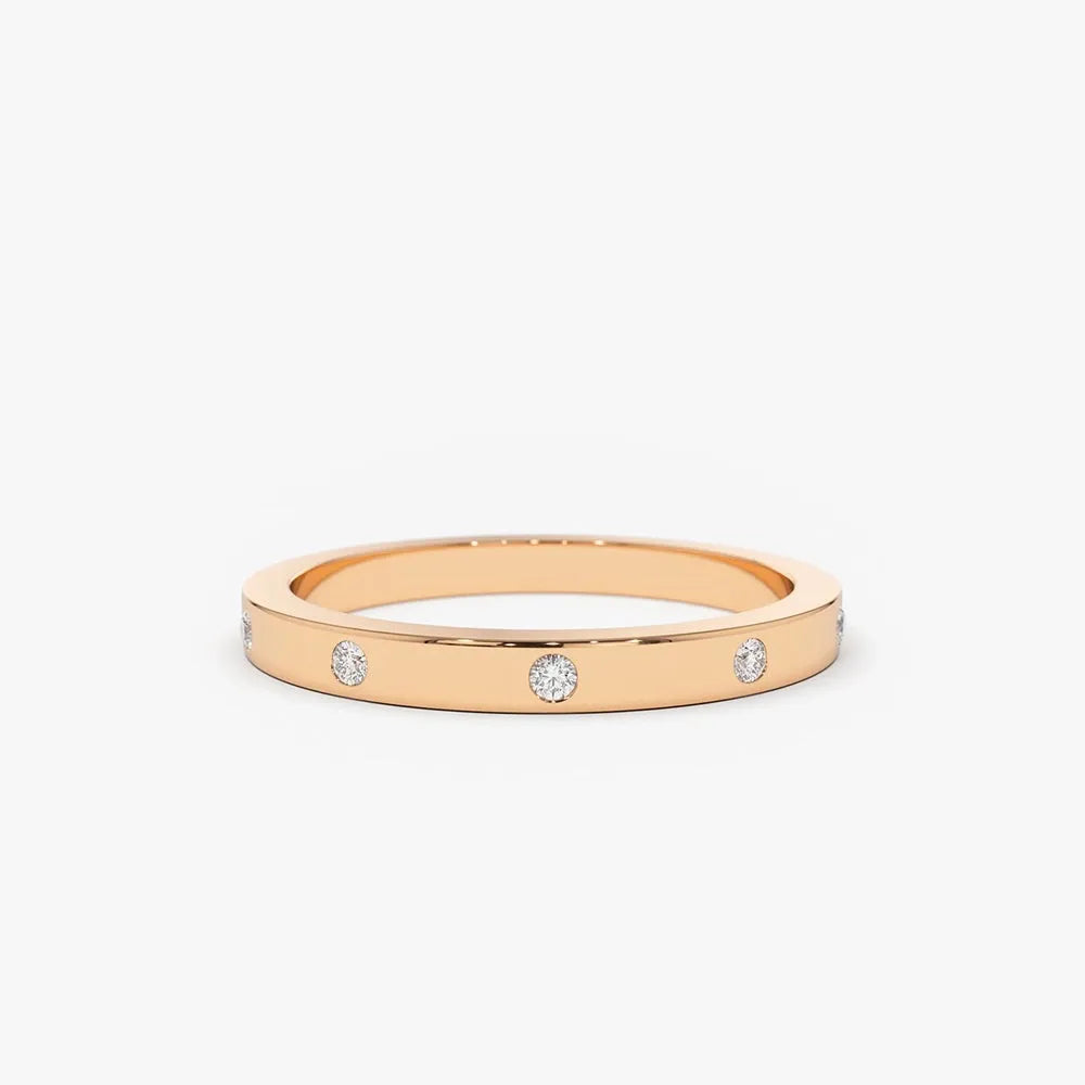 14K Solid Gold Round Diamond Burnish Set Wedding Ring 0.10 Carat
