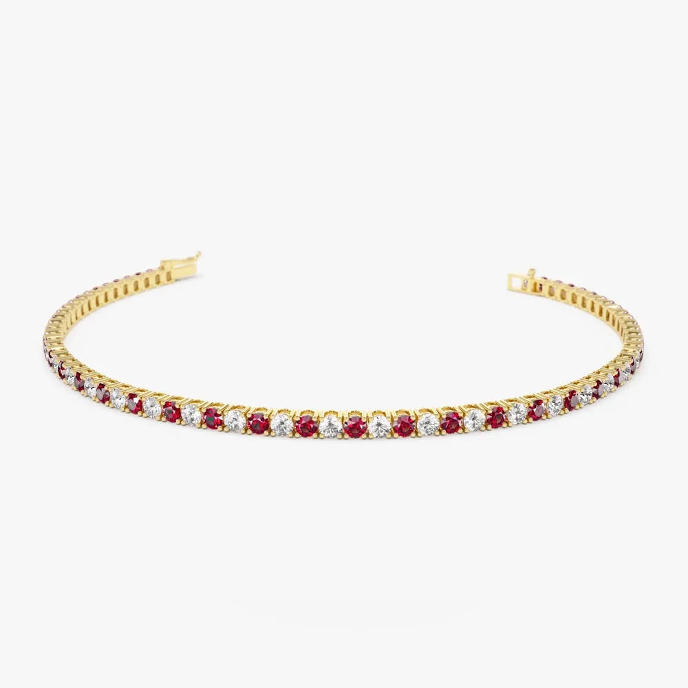14k Gold Round Diamond and Ruby 4 Prong Tennis Bracelet