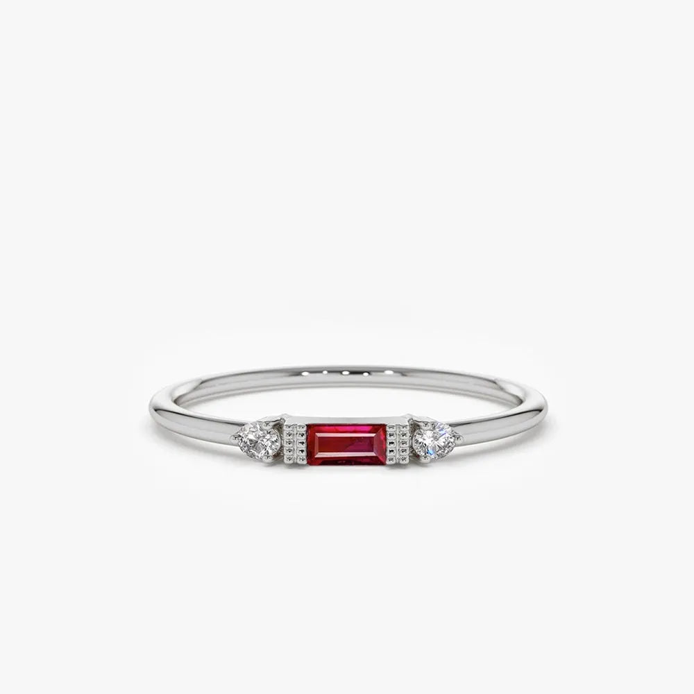 14k Gold Ruby and Diamond Baguette and Round Cut Ring Channel and Prong Setting 0.14 ctw