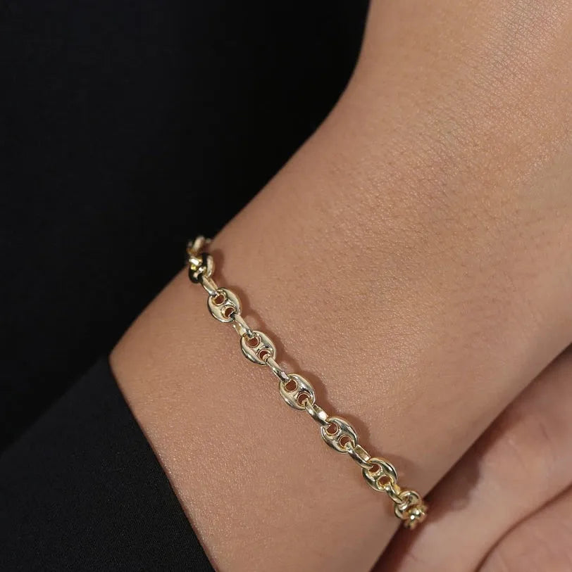14k Gold Thick Puffed Mariner Link Bracelet with Lobster Claw Clasp