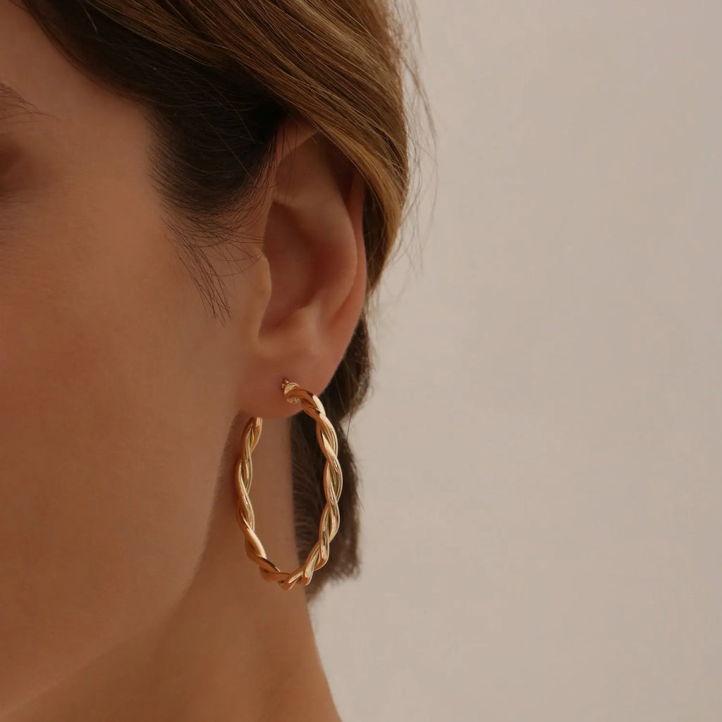 14k Solid Gold Twisted Hoop Earrings 40mm Large Design 3.5mm Width