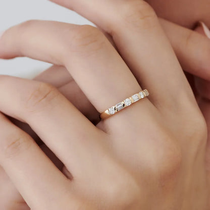 14K Solid Gold Double Baguette and Round Diamond 0.50 Carat Wedding Ring