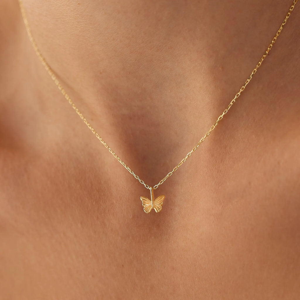 14k Solid Gold Mini Butterfly Charm Pendant Necklace