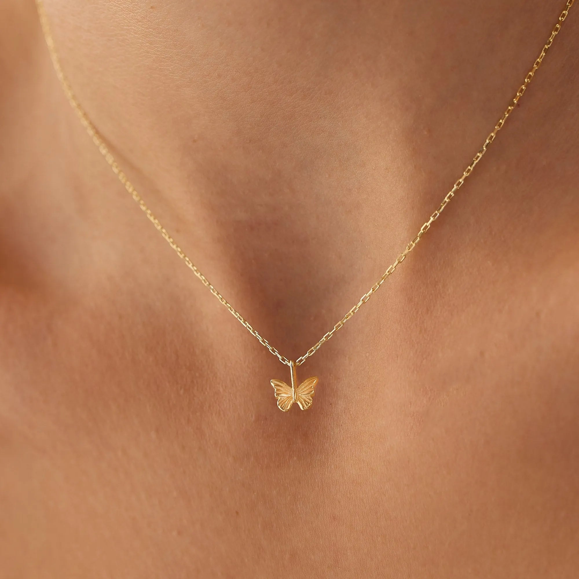 14k Solid Gold Mini Butterfly Charm Pendant Necklace