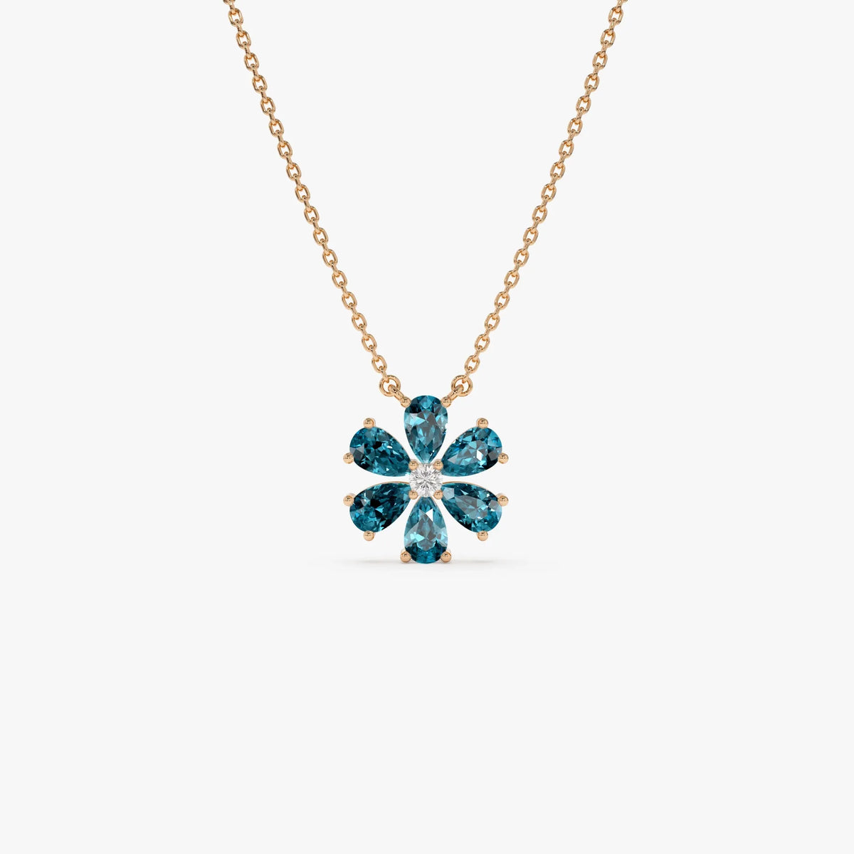 14k Solid Gold London Blue Topaz and Diamond Pear and Round Flower Necklace 1.35 Carat