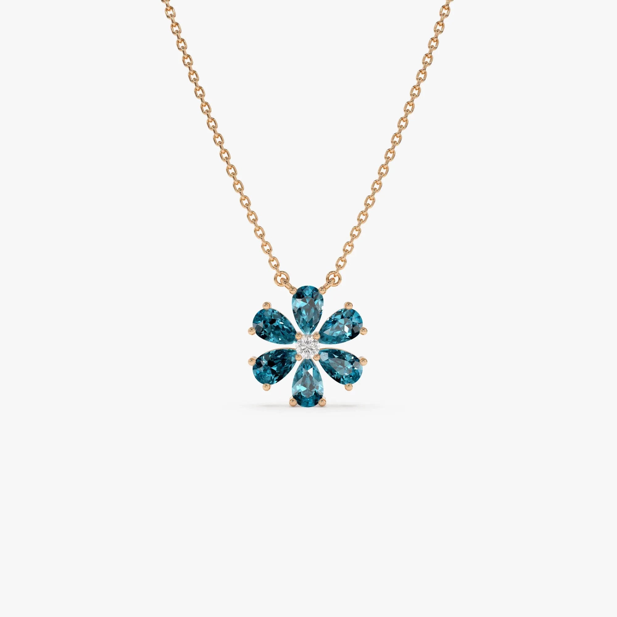 14k Solid Gold London Blue Topaz and Diamond Pear and Round Flower Necklace 1.35 Carat