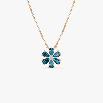 14k Solid Gold London Blue Topaz and Diamond Pear and Round Flower Necklace 1.35 Carat