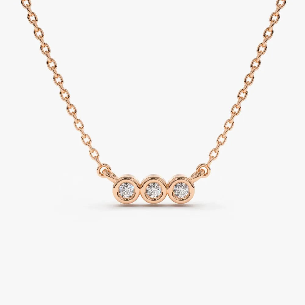 14K Solid Gold Round Diamond 3 Stone Horizontal Bezel Set Minimalist Necklace 0.10cttw