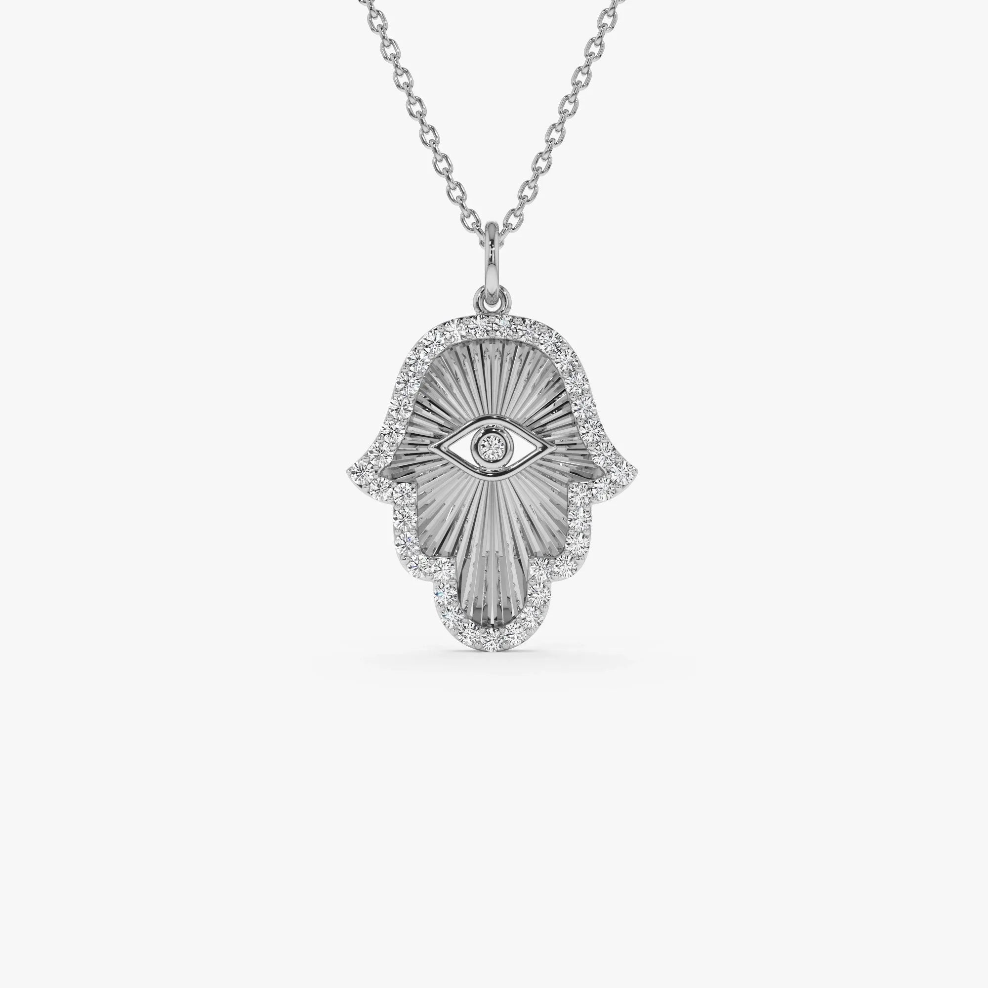 14K Solid Gold 0.35 CTW Round Diamond Hamsa Evil Eye Hand of Fatima Necklace