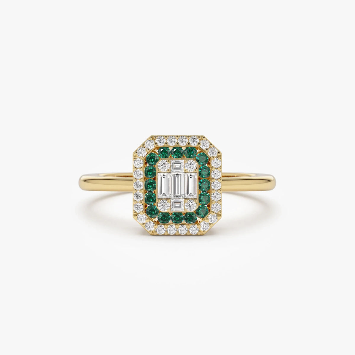 14K Solid Gold Round Emerald and Baguette Diamond Halo Ring 0.47 CTW