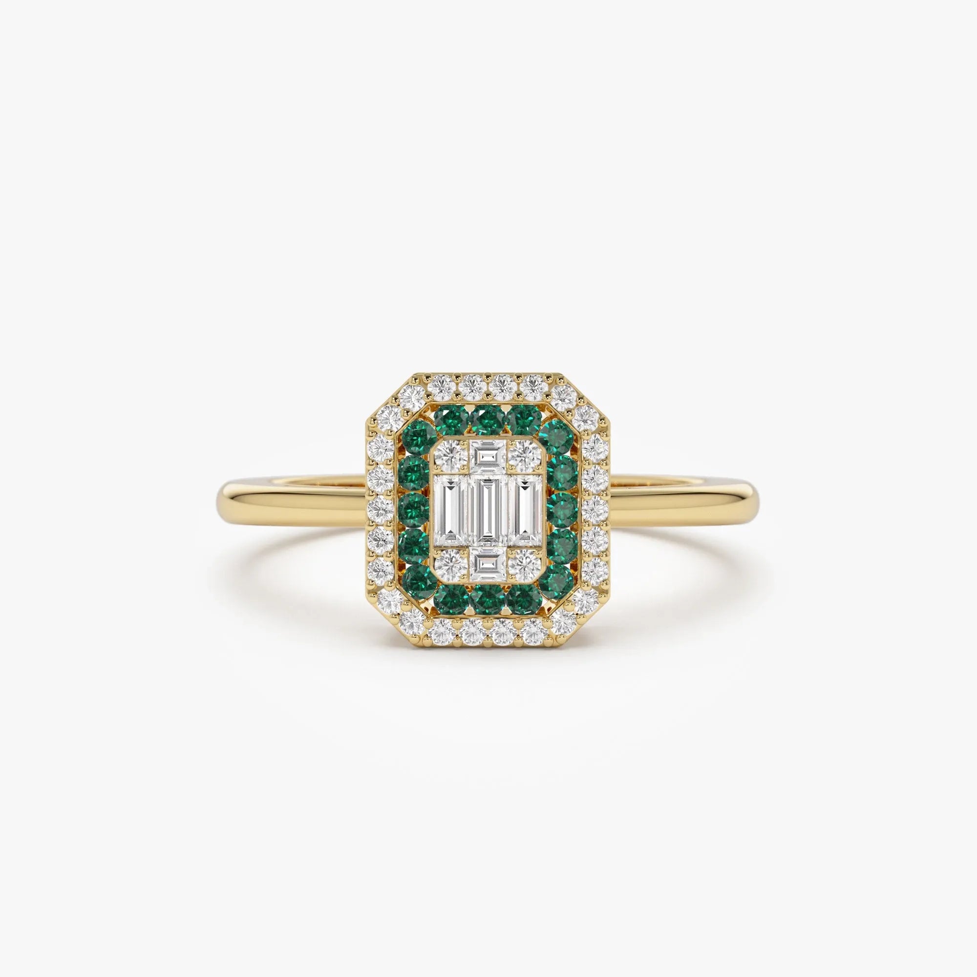 14K Solid Gold Round Emerald and Baguette Diamond Halo Ring 0.47 CTW