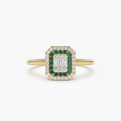 14K Solid Gold Round Emerald and Baguette Diamond Halo Ring 0.47 CTW