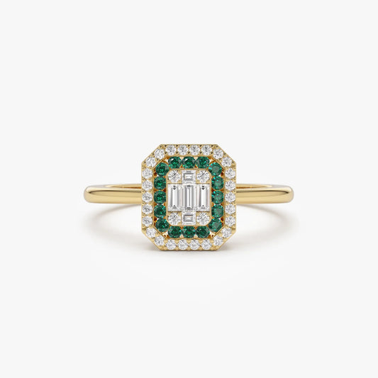 14K Solid Gold Round Emerald and Baguette Diamond Halo Ring 0.47 CTW