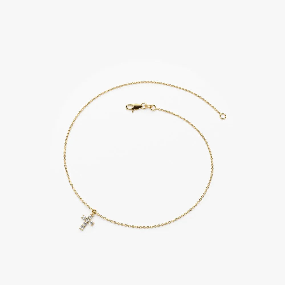 14K Solid Gold Round Diamond Cross Charm Bracelet 0.07 Carat