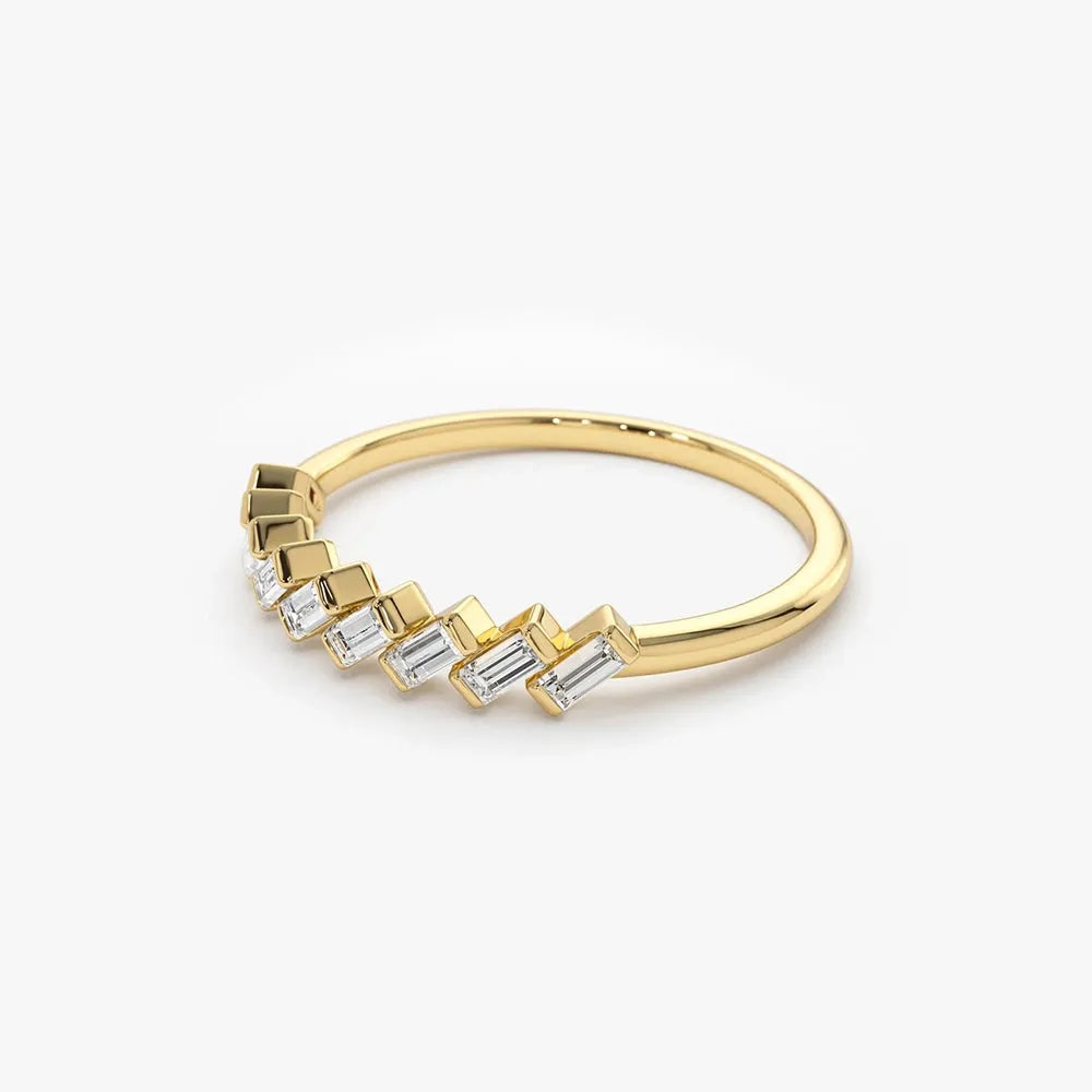 14K Gold Baguette Diamond 9 Stone Slanted Channel Set Ring 0.34 CTW