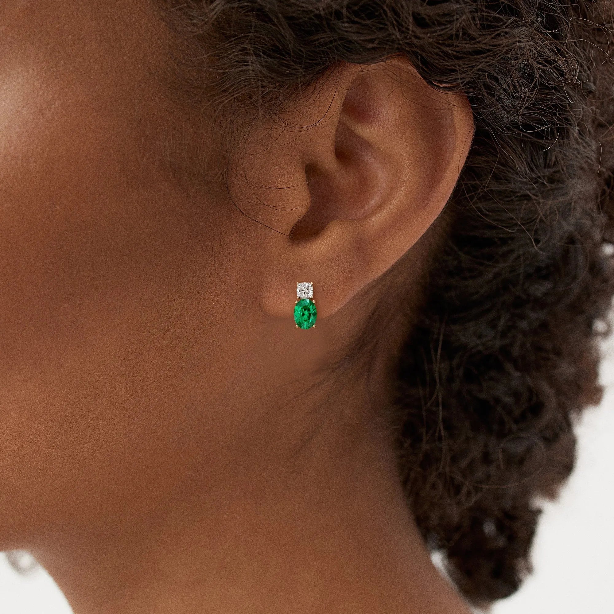 14k Gold Lab Grown Colombian Emerald and Diamond Oval and Cushion Cut Two-Stone Stud Earrings 3.00 ctw