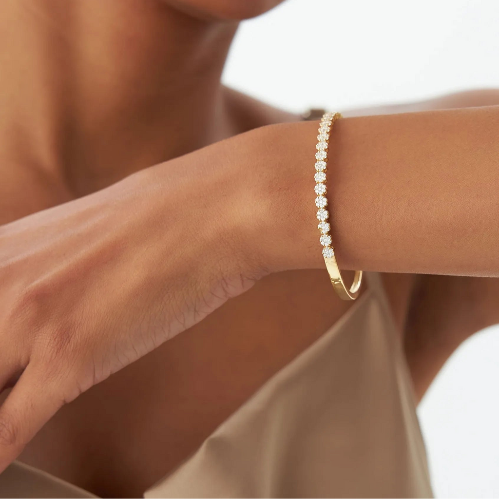 14K Solid Gold 1.15 CTW Round Diamond Cluster Bangle