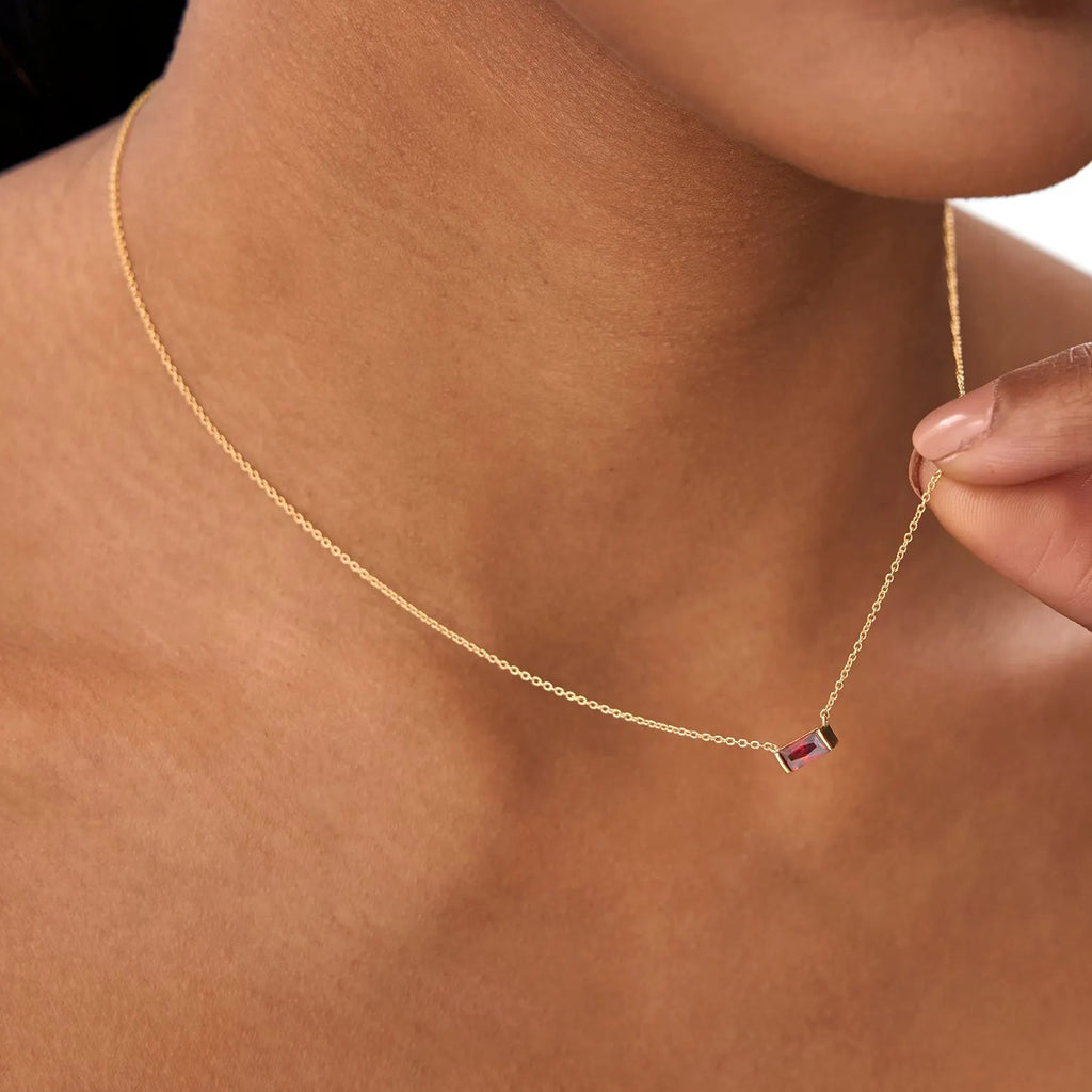 14k Solid Gold Garnet Baguette Birthstone Necklace 0.45 Carat