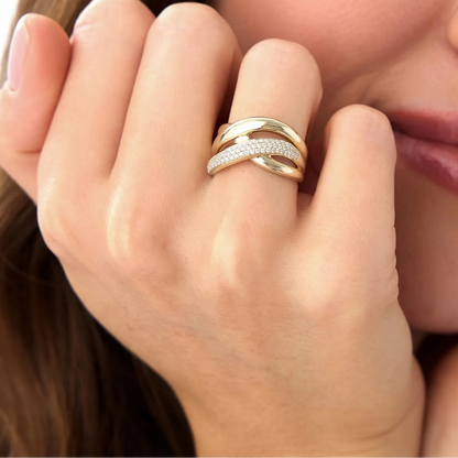 14k Solid Gold Round Diamond 0.40 Carat Triple Band Crossover Statement Ring