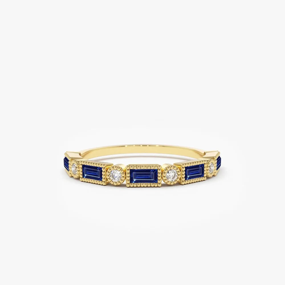 14k Gold Sapphire and Diamond Baguette and Round Cut Bezel Setting Ring 0.52 ctw