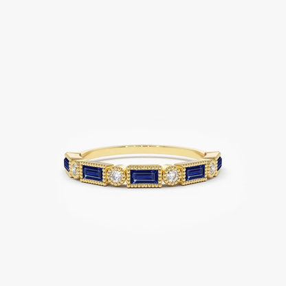 14k Gold Sapphire and Diamond Baguette and Round Cut Bezel Setting Ring 0.52 ctw