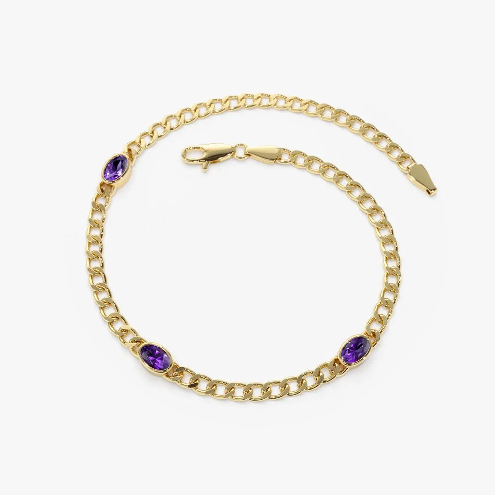 14K Solid Gold 0.60ctw Oval Amethyst Cuban Link Bezel Set Bracelet