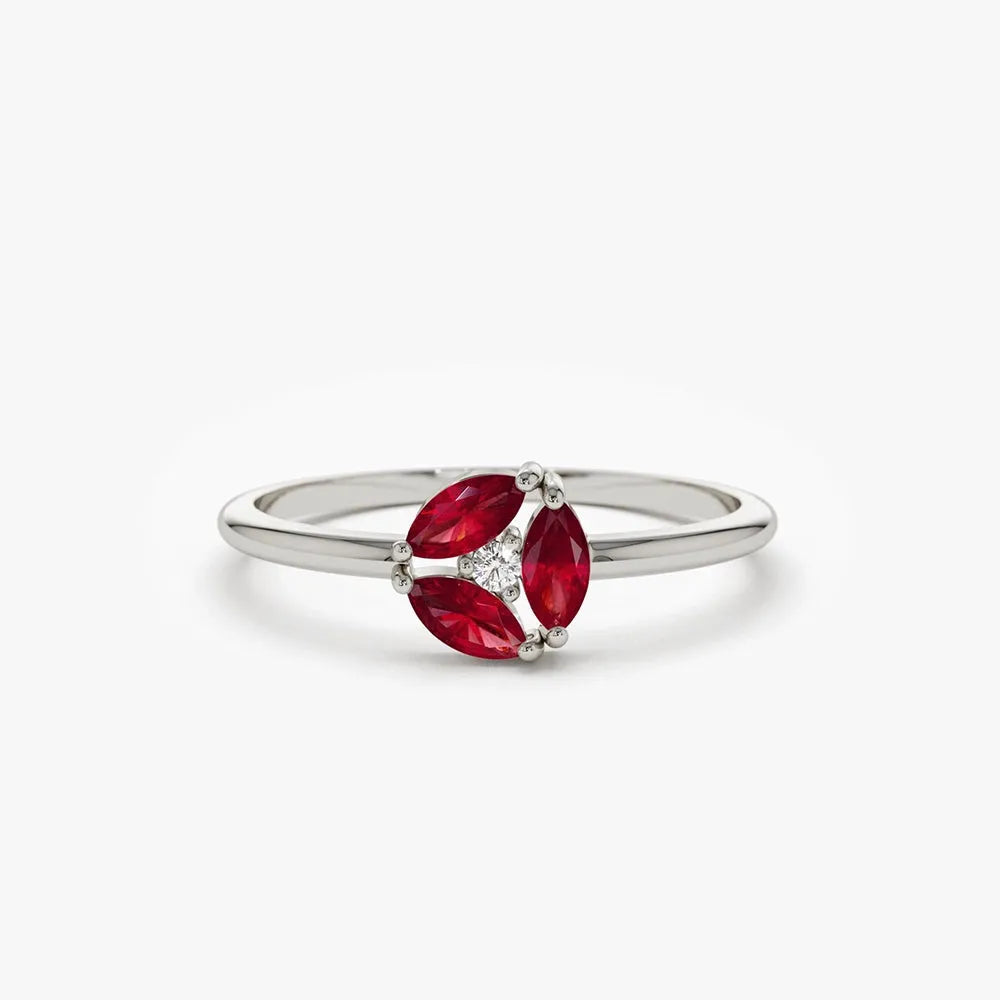 14k Gold Ruby and Diamond Marquise and Round Cut Cluster Ring Prong Setting 0.31 ctw