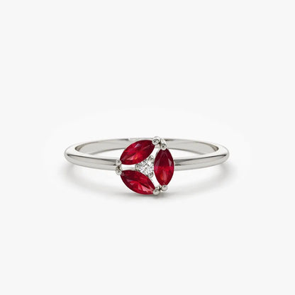 14k Gold Ruby and Diamond Marquise and Round Cut Cluster Ring Prong Setting 0.31 ctw