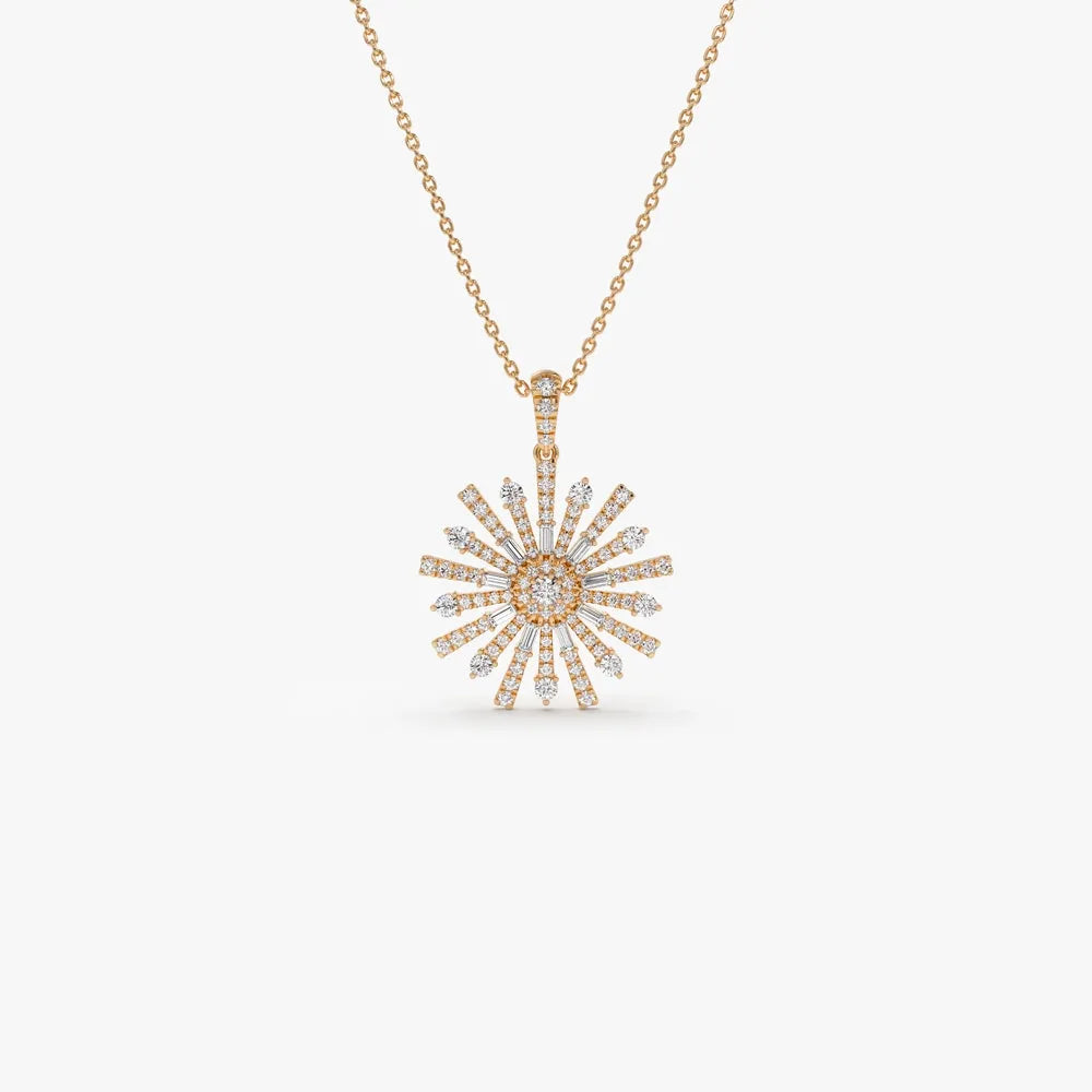 14K Solid Gold Baguette and Round Diamond Unique Statement Necklace 0.90ctw