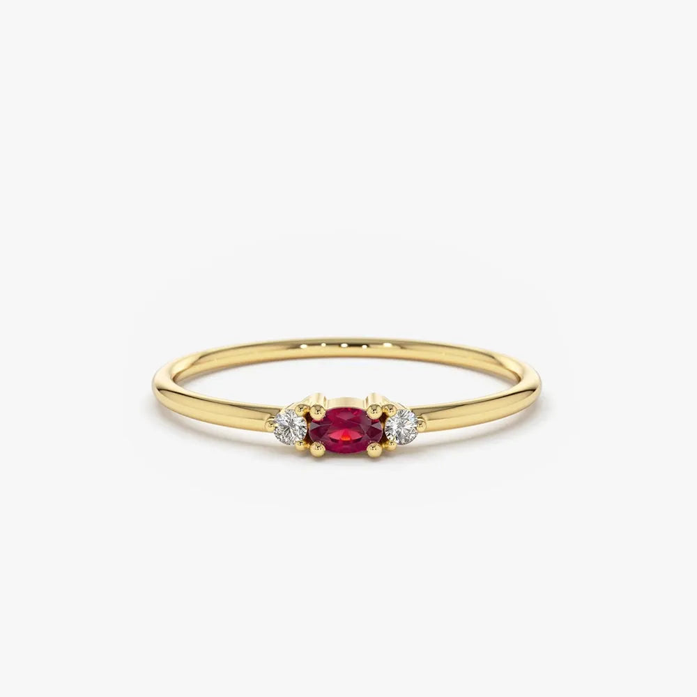 14k Gold Ruby and Diamond Oval and Round Cut Mini Three Stone Ring Prong Setting 0.14 ctw