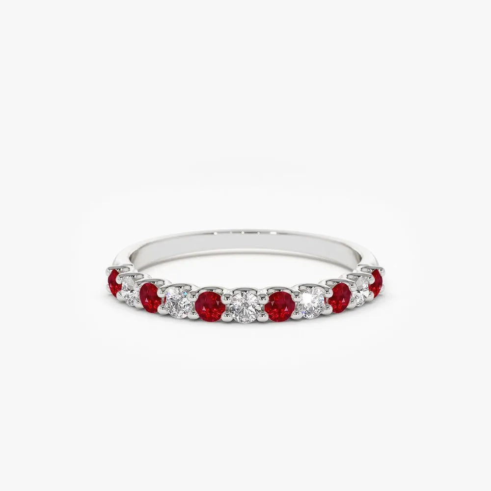 14k Gold Ruby and Diamond Round Cut Shared Prong Wedding Ring Band 0.43 ctw