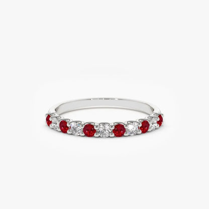 14k Gold Ruby and Diamond Round Cut Shared Prong Wedding Ring Band 0.43 ctw