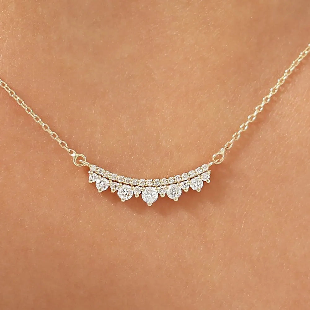 14K Solid Gold Round Diamond Curved Bar Necklace Micro Pave 0.39ctw