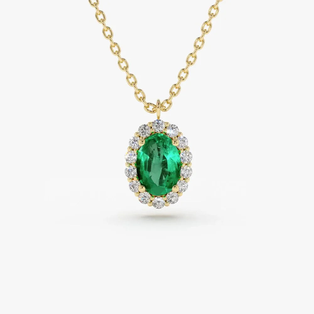 14k Solid Gold Oval Cut Emerald 0.48 CTW and Round Diamond 0.15 CTW Halo Pendant Necklace Prong Setting