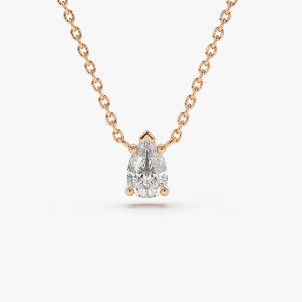 14K Solid Gold Pear Shape Diamond Solitaire Necklace Prong Setting 0.23ctw