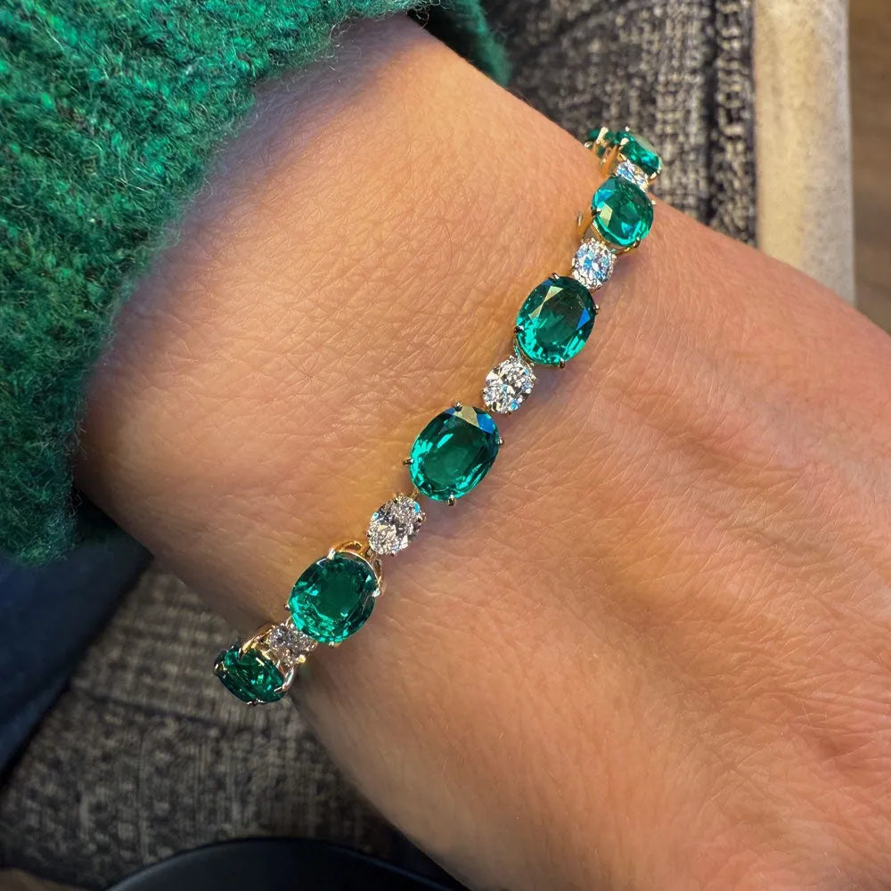 14K Solid Gold Lab Grown Colombian Emerald Cut Lab Grown Diamond 4 Prong Bracelet
