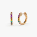 14K Solid Gold Multi Color Rainbow Gemstone Huggie Hoop Earrings 0.25 CTW